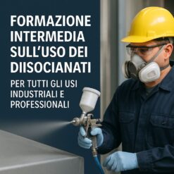 Operatore industriale che utilizza dispositivi di protezione per la manipolazione di diisocianati